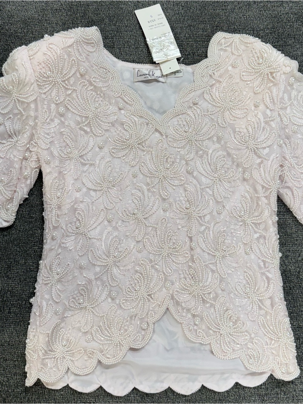 NWT Vintage Laurence Kazar New York Short-sleeve Beaded Blouse Scalloped Edge S